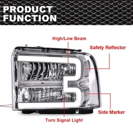 G-PLUS LED DRL Headlights Assembly, Compatible with 2005 2006 2007 Ford F250 F350 F450 F550 Super Duty Headlamp Driver and Passenger Side, Clear lens Chrome Housing Clear Reflector