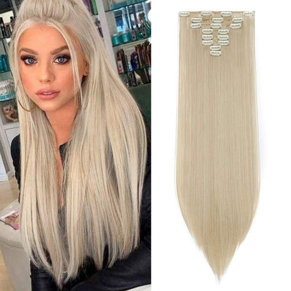 26" Long Straight Clip in Hair Extensions Full Head 8Pcs 18Clips Ombre Colorful Synthetic Hair Clip in Hairpiece Ash Blonde mix Bleach Blonde