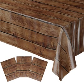 Blue Orchards Wood Grain Table Cover (Pack of 3) - 54" x 108" XL - Plastic Table Cloth Rectangle, Western Themed Party Decorations, Rustic Tablecloth, Cowboy Vintage Farm Party Decorations