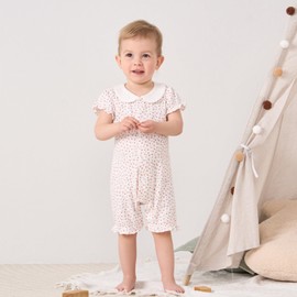 pureborn Baby Girl Romper Short Sleeve Cotton Shortall Summer Peter Pan Collar One-Piece Outfit Pink Flower 6-9 Months