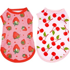 JpGdn 2pcs/Pack Dog Shirts Sleeveless for Medium Breed Dog Girl Pink Red Strawberry Cherry Print Puppy Clothes Vest Outfit Light Soft Breathable