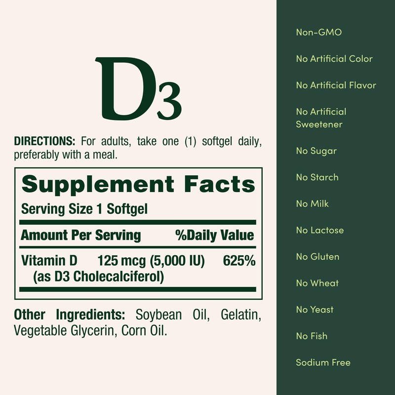 Nature's Bounty Vitamin D3 5000 IU Softgels, Rapid Release, Immune