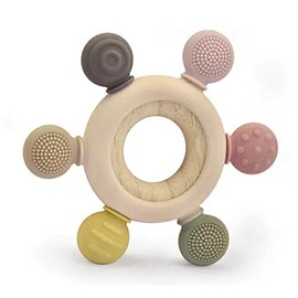 CUACUA BABY | Mordedera En Forma De Circulo| Esquinas Con Diferentes Texturas Sensoriales | Silicon Grado Alimenticio Y Madera | Alivia Dolor En Encías Y Dientes (Rosa)