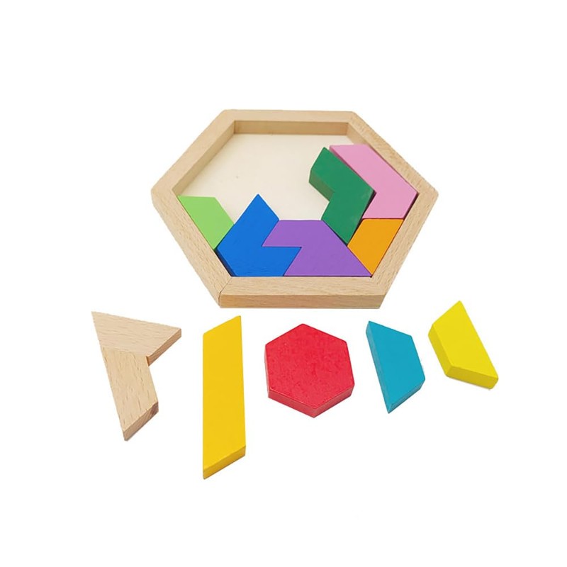 KINGOU Wooden Hexagon Tangram Puzzle Shape Pattern Blocks Brain Teaser