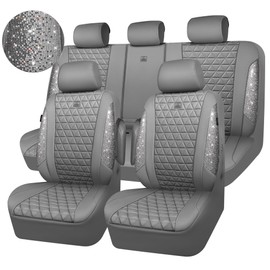CAR PASS Bling Diamond Gray Leather Car Seat Covers Full Sets Interior Sets, Waterproof Shining Glitter Sparkly Crystal Universal Armrest Fit for Automotive Truck SUV Cute Women Girl, Gray Rhinestone