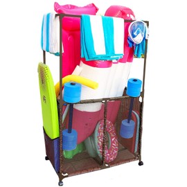 Essentially Yours Pool Equipment Holder with Towel Drying Bars, Mesh Rolling Pool Storage Organizer Bin, Extra Large with Towel Hanger, (34.5" W x 25" L x 62.6" H), Brown Style 418566