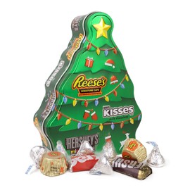 Galerie Christmas Stocking Stuffer Candy Gift, Tree Tin Filled with Assorted Chocolates, Reese's, Kisses, and Miniatures, 2.1 Ounces