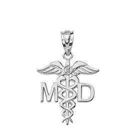 925 Sterling Silver Caduceus MD Charm Medical Doctor CZ Pendant