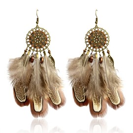 Sharron Renée DHARK RHED Native American Style Beaded and Feathered Dream Catcher Earrings Bohemian Indian Vintage Drop BOHO Hoop-and-Web QTY: 1 Pair