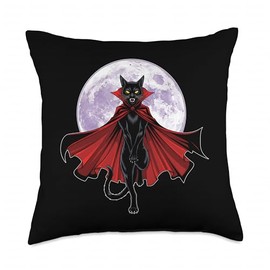 Vampire Cat with Cape and Full Moon Throw Pillow