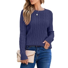 EVALESS Womens 2024 Solid Cable Knitted Timeless Pullover Sweater Crewneck Business Casual Fall Stretchy Blue Tops Medium