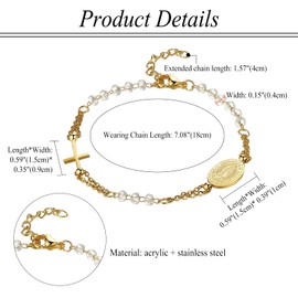 Flongo Catholic Rosary Bracelet for Women: Religious Bracelet with Cross Pendant Black Gold Beads Virgin Mary Chain Stainless Steel Prayer Faith Protection Bangle Virgin Mary, Acrylic Stainless Steel