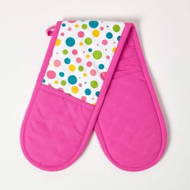 HOMESCAPES - Pure Cotton Double Oven Glove - Polka Dot Multi Colour - Pink Yellow Blue Green - 18 x 84 cm - Fully Coordinated Washable Kitchen Linen