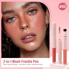 Noerrors Blush Freckle Pen for Natural Faux Freckles, 2 in 1 Fake Freckle Stamp Rose Red Blusher for Lifelike Sunkiss Makeup Waterproof Long Wear Fake Freckles Stain Maker with Puff #03