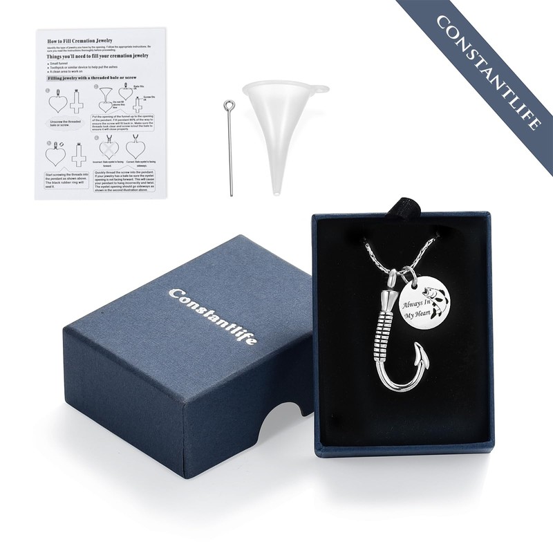 Cremation Jewelry for Ashes Urn Memorial Necklace Fish Hook Design