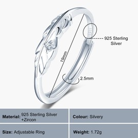 VIKILEE S925 Sterling Silver Rings Women's Rings Feather Shape Open End Rings for Girlfriend Anniversary Wedding Rings, Silver