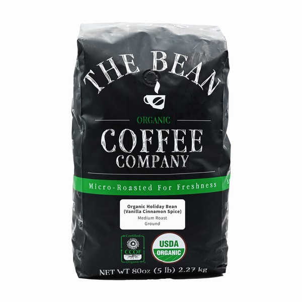 The Bean Organic Coffee Company Holiday Bean (Vanilla Cinnamon Spice), Medium Roast, Ground Coffee, 5-Pound Bag