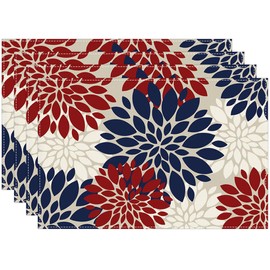 4th of July Placemats Set of 4, 12x18 Inch Waterproof Stain Resistant Linen Table Navy Blue Red White Dahlia Floral Placemats Farmhouse Kitchen Party Decor Home Décor