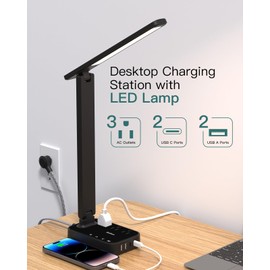 Addtam LED Desk Lamp, Power Strip with 3 Outlets 4 USB Charging Ports(2 USBC), 4 Modes 5 Level Brightness Touch Lamp, Small Desk Lamp for Home Office College Dorm Room Essentials