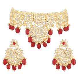 Efulgenz Ethnic Choker Necklace Earrings Maang Tikka Kundan Faux Pearl Maroon Traditional Indian Wedding Bridal Set Bollywood Jewelry for Women