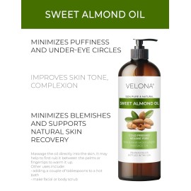 Velona Sweet Almond Oil - 16 Oz | 100% Pure and Natural Carrier Oil | Refined, C
