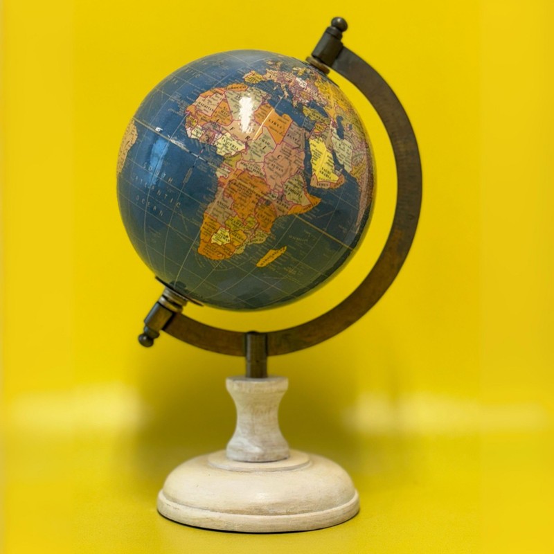 EXERZ 13cm Antique Globe Ocean Blue with a Wooden Base,