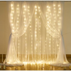 White Sheer Curtains with Lights Tulle Backdrop Curtain for Living Room Bedroom Parites Wedding Birthday Decorations 2 Panels 60" Wｘ96 L