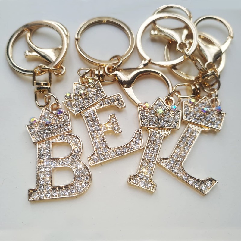 Gold Metal Initial Letter Keyring with Rhinestone Crystals - A-Z