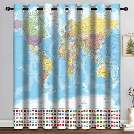 iTapnoom World Map Blackout Curtain, Map of The World with National Educational Fabric Window Curtains, Thermal Insulated Window Drapes for Living Room Bedroom Decor 2 Panels 52 x84 Inches