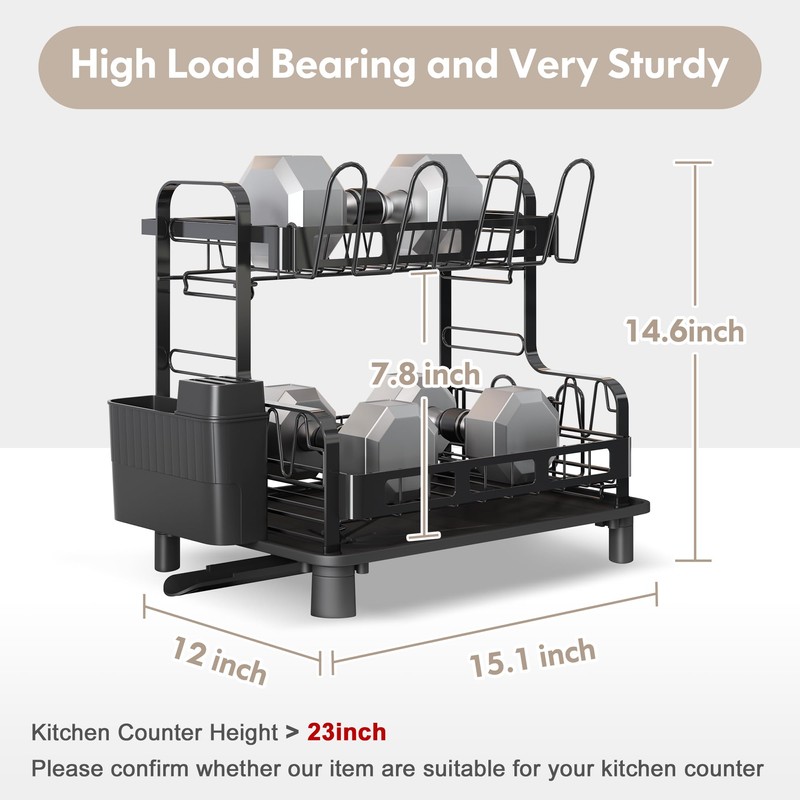 BOOSINY Dish Drying Rack, 2 Tier Large Stainless Steel Black