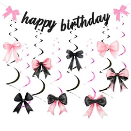 Jollyboom Black and Pink Bow Birthday Party Decorations, Coquette Happy Birthday Banner Bowknot Hanging Swirls for Women Girls Girls Coquette Party Supplies