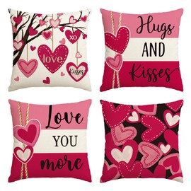 AVOIN colorlife Valentine's Day Hugs and Kisses Love You More Pink Throw Pillow Covers, 18 x 18 Inch Valentine Heart Stripes Wedding Cushion Case Decoration for Sofa Couch Set of 4
