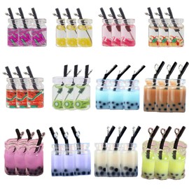 yufana Set of 36 Milk Tea Fruit Pendants, Bubble Tea Pendants, Milk Tea Jewellery Making Yourself, Craft Bubble Tea Pendants, Milk Tea Charms, Pendant Set, for Earrings, Bracelets, Necklaces, Resin