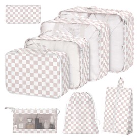 8 Set Packing Cubes for Suitcases, Packing Cubes with Shoe, Cosmetics, Clothing, Accessories Bags for Travel Luggage Organizer Women Men(Light Pink Checkered)