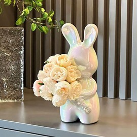 Hosoncovy Ceramic Rabbit Sculpture Ornament Holding Flower Rabbit Statue Figure Decor Home Decoration Room Decor Rabbit Vase for Living Room, Office Desktop, Shelf (Colorful White)