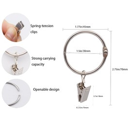 Kclongvs 40 Pack Openable Curtain Rings with Clips Metal Hangers Ring, Drapery Clips Hooks, Decorative Curtain Rod Clips Hangers 1.5 Inch Interior Diameter Eyelets(Silver,1.5")