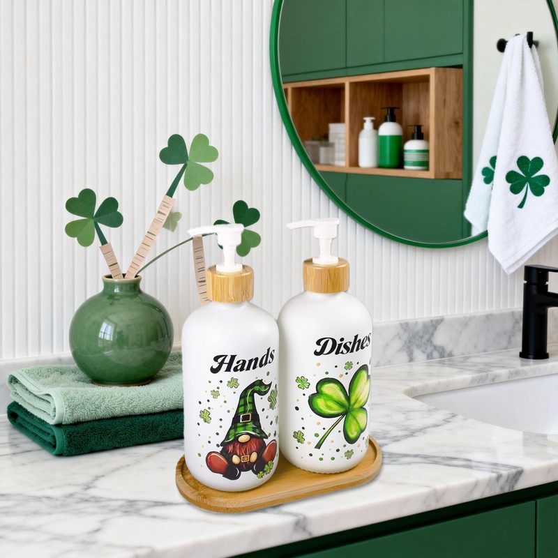 2Pcs St. Patrick's Day Soap Dispenser Lucky Shamrock Clover Gnome
