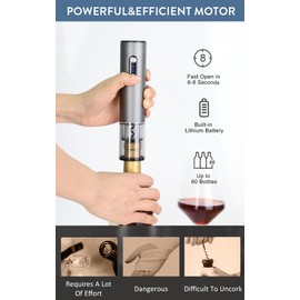 [6-IN-1] Electric Wine Opener, Rechargeable Wine Bottle Opener with Foil Cutter, Wine Aerator, 2*Vacuum Stopper, Storage Base & Carrying Case, Ideal Wine Accessories for Wine Lovers, Stainless Steel