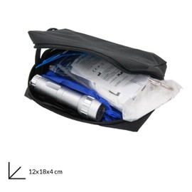 Kompaktes Sicherheitsset: Schwarze Tasche, Erste Hilfe, Schaber, Handschuhe, LED-Taschenlampe – bereit für jeden Notfall, praktisch und sicher