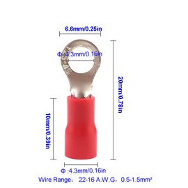 Ruidee 100Pcs M4 Insulated Ring Terminal 22-16AWG Electrical Wire Crimp Connectors (Red/APRH4)