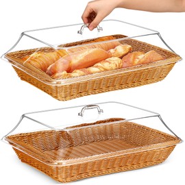Mumufy 2 Pack Imitation Rattan Bread Basket Wicker Bread Basket for Serving with Acrylic Lid Woven Fruit Basket with Cover Food Vegetable Display Tabletop Restaurant Kitchen Rectangle (17.72x13.78'')