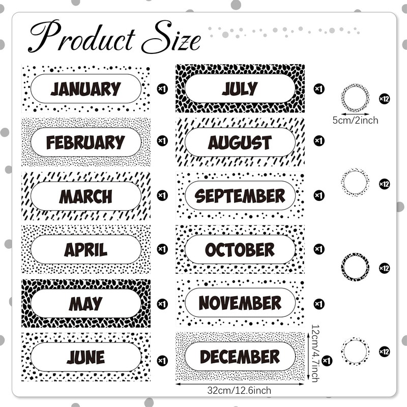 60 Pcs Monthly Headliners Painted Dots on White Months of