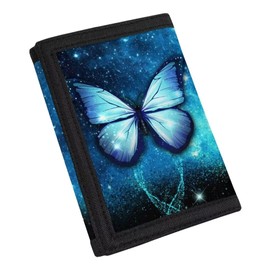 Tiasarato Teens Wallets Blue Galaxy Space Butterfly Credit Card Clutch Wallets with Magic Sticker Trifold Money Organizer for Women Girls