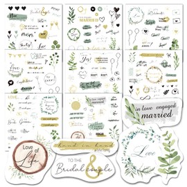 Wedding Stickers 8 Pages, 200+ Waterproof Paper Decals for Scrapbook, Bridal Shower, Engagement, Marriage Anniversary, Green