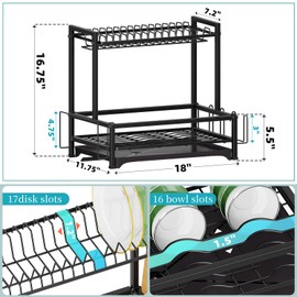 Simple Trending Rust Resistant Dish Rack with Drainboard, 2 Tier Large Capacity Stainless Steel Dish Drying Rack Kitchen Storage Sink Organizer, Black