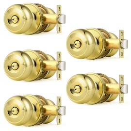 Probrico Interior Door Knobs for Bedroom Bathroom, Polished Brass Privacy Door Lock Keyless Door Knob Round Ball Knob, Gold Privacy Door Knob, 5 Pack