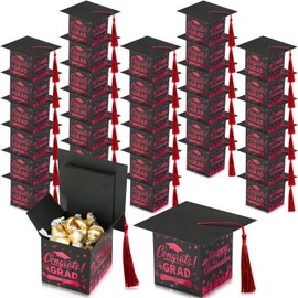 Chuangdi 30 Pieces Congrats Grad Party Candy Boxes, DIY Cap Box With Tassels for Graduation Gift, Party Favors Decor Supplies, Centerpieces for Tables (Maroon)
