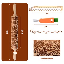XINBADA 17" Premium Wood Rolling Pin with European Embossed Designs | 3mm Deep Springerle Cookie Molds | Christmas Rolling Pin & Baking Gifts for Women | Includes 3-in-1 Cleaning Brush