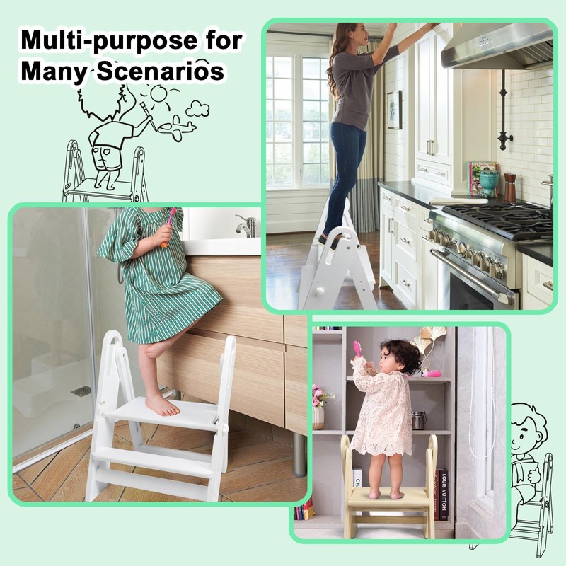 WOOD CITY Step Stool Foldable for Toddlers, Adjustable Kids Step