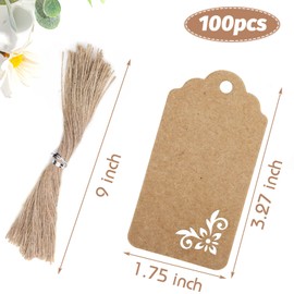 Koogel 100pcs Kraft Paper Tags,Tags with String,Party Favor Gift Tags for Wedding,Baby Shower,Bridal Shower
